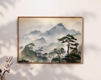 Japandi Landschaft Kunstdruck, Rustikaler Minimalismus, Skandinavisches Dekor, Wabi-Sabi Hygge Wandkunst, Helle Farben, Ruhiges Mattes Papier, Wohndekor