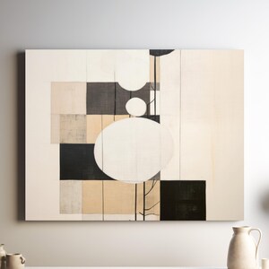 Könnte beinhalten: Abstrakter Kunstdruck auf Leinwand mit geometrischen Formen in Schwarz, Beige und Weiß. Das Design umfasst Quadrate, Kreise und vertikale Linien und schafft eine moderne, minimalistische Ästhetik.