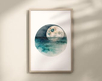Japanese Moon Art, Minimalist Wall Art, Watercolor Wall Art Poster, Celestial Moon Decor, Japan Minimalist Art, Zen Style Moon Art