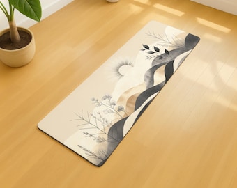 May include: A beige yoga mat with a watercolor design featuring a sun, flowing lines, and botanical elements in shades of gray, black, and brown. The mat is rectangular and lies on a wooden floor.