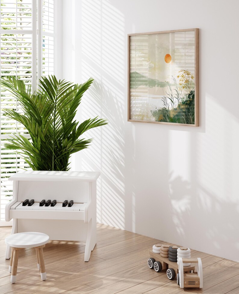 May include: A white toy piano with black keys, a white stool, and a wooden toy truck with gray and white tires. A framed print of a watercolor landscape with a sun and tall grass hangs on the wall.