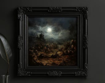 May include: A framed, dark, gothic-style painting depicting a moonlit graveyard scene. The artwork is set within an ornate, black, square frame. The painting features a dark, stormy sky, a full moon, and a small chapel on a hill.