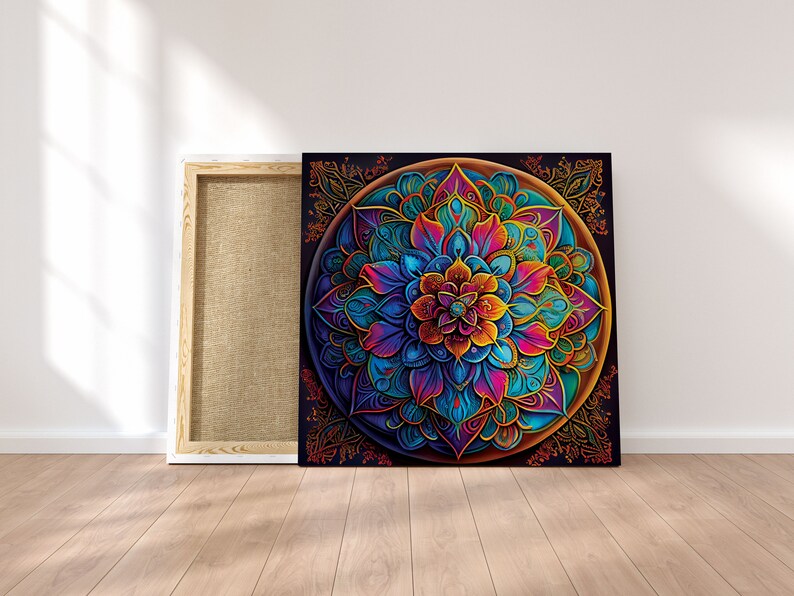 K&ouml;nnte beinhalten: Ein farbenfrohes Mandala mit filigranen Details in Blaut&ouml;nen, Lila, Orange und Gelb. Das Mandala ist in einem Holzrahmen gerahmt und bereit zum Aufh&auml;ngen an einer Wand.