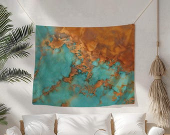 Moody Abstract Art Tapestry, Luxury Wall Decor, Deep Teal Aesthetic, Contemporary Wall Hanging, Luminous Bronze Art, Elegant Room Decor
