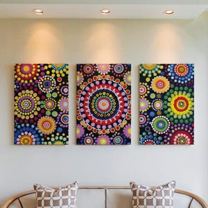 Large Wall Art Set of 3, Vibrant Indigo & Dotwork Mandala Triptych, Geometric Floral Decor, Bold Colorful Home Gallery Poster Set