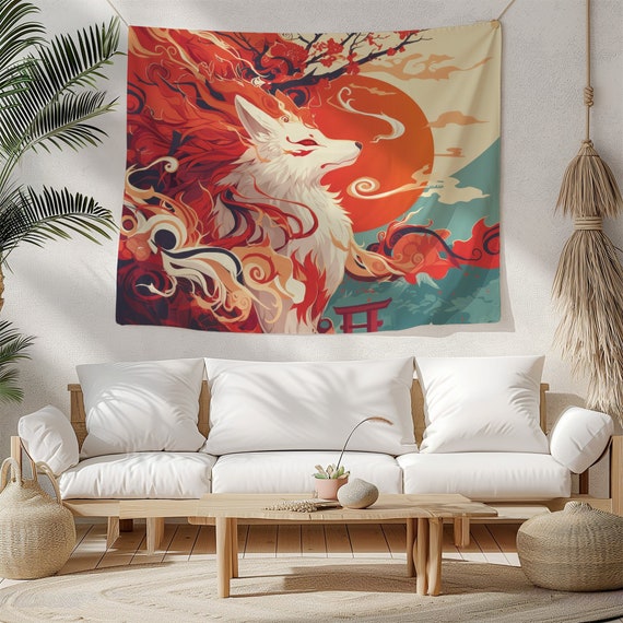 Japanese Tapestry, Original Art on Tapestry, Kitsune Wall Hanging