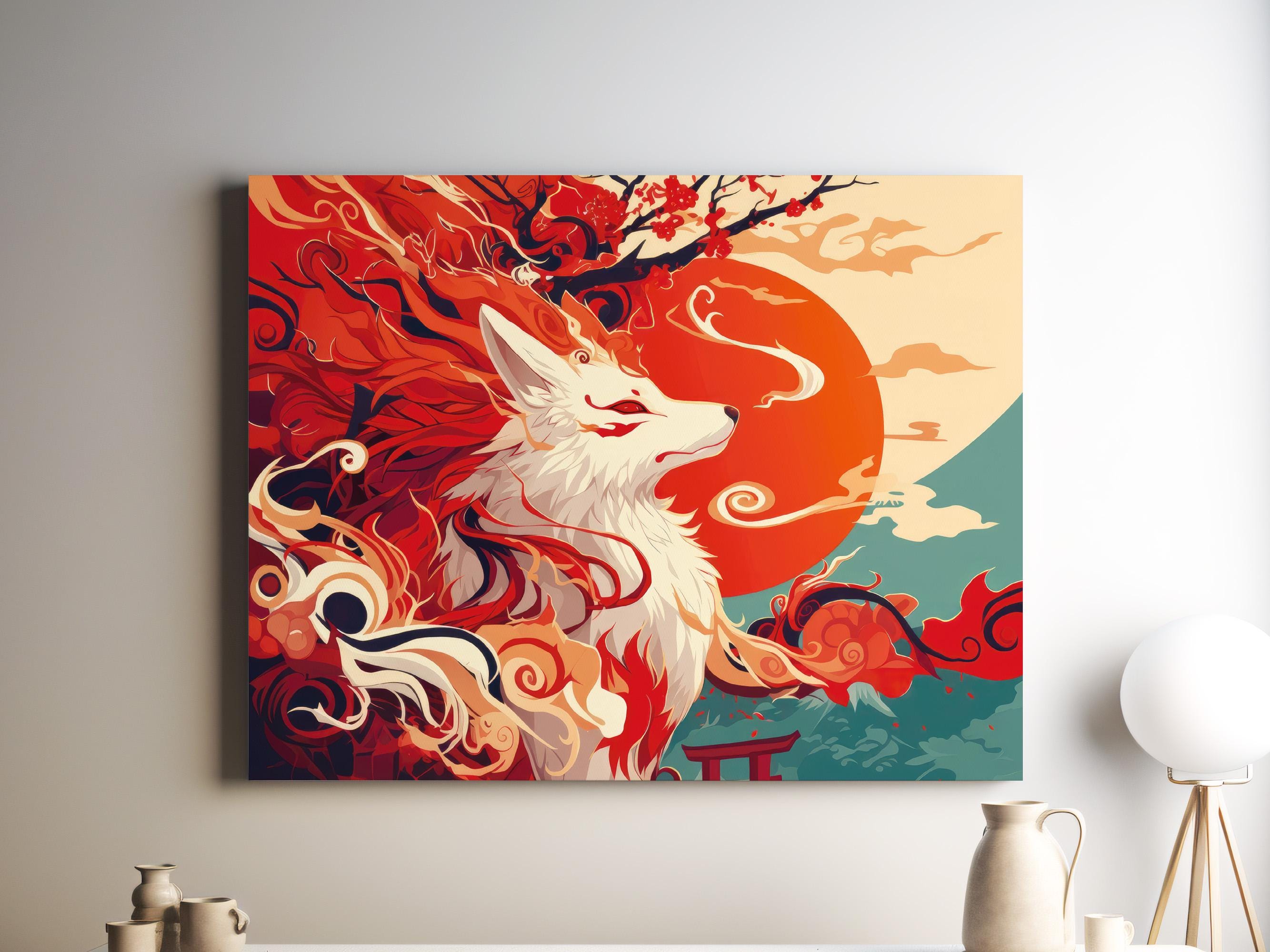 Living Room Fox Canvas Art, Entryway Gallery Wrap, Japanese