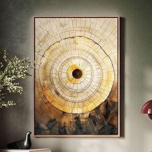 May include: Abstract painting of a tree trunk cross-section with concentric rings in shades of brown, yellow, and white. The center of the rings is a dark brown circle.