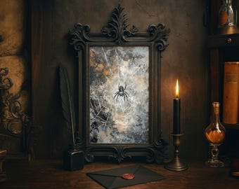 May include: A framed artwork featuring a spider and web design, set on a wooden desk with a lit candle, inkwell, and a sealed envelope. The artwork is in a dark, ornate frame. A feather quill and antique books are also visible.