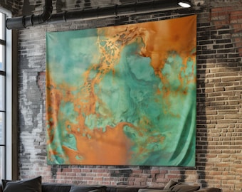 Abstract Tapestry, Oxidized Copper Art, Teal and Bronze Wall Hanging, Modern Fabric Wall Art, Luxury Home Decor, Patina Blue Room Decor
