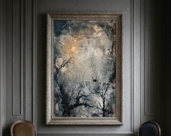 May include: A framed artwork depicting a spooky scene with a spider web, a black spider, and bare trees. The color palette includes shades of gray, black, and a touch of orange. The artwork is displayed in a room with gray walls.