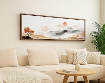 Japandi Wall Art, Long Panoramic Mountain Landscape Print, Minimalist Japanese Ink Wash Painting, Neutral Wabi Sabi Decor for Living Room
