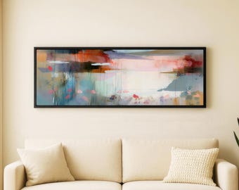 Serene Pastel Abstract Landscape Wall Art, Soft Peach and Blue Nature Painting, Panoramic Zen Home Decor, Minimalist Organic Harmony Art