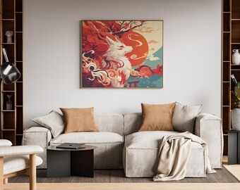 Living Room Nine-tailed Fox Art, Japanese Folklore Landscape