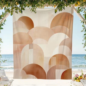 May include: A rectangular wall tapestry featuring a repeating geometric pattern of overlapping semicircles and arches in shades of terracotta, tan, and cream. The design incorporates vertical line textures within the shapes against a solid background.