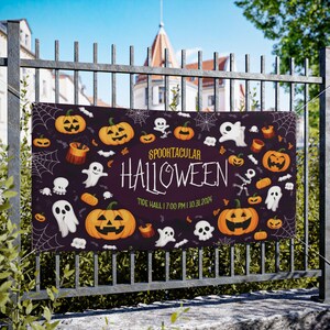 May include: A banner with a dark purple background, featuring orange pumpkins, white ghosts, and spiderwebs. The text "SPOOKTACULAR HALLOWEEN" is displayed, along with the date and time of the event.