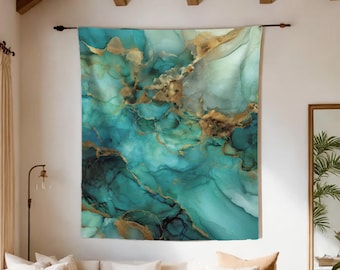 Moody Abstract Decor, Patina Blue Aesthetic, Luxury Wall Hanging, Wabi Sabi Wall Art, Teal and Rust Tapestry, Fluid Metallic Artwork