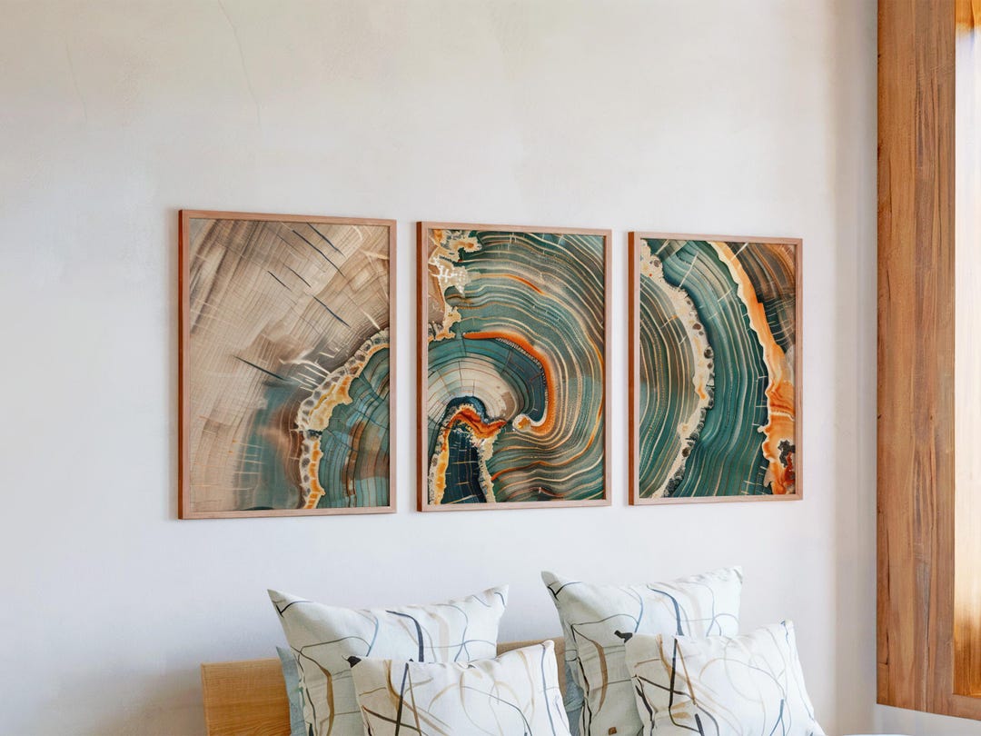 Boho Scandi Wall Art Set of 3, Eclectic Tree Ring Triptych Prints, Blue ...