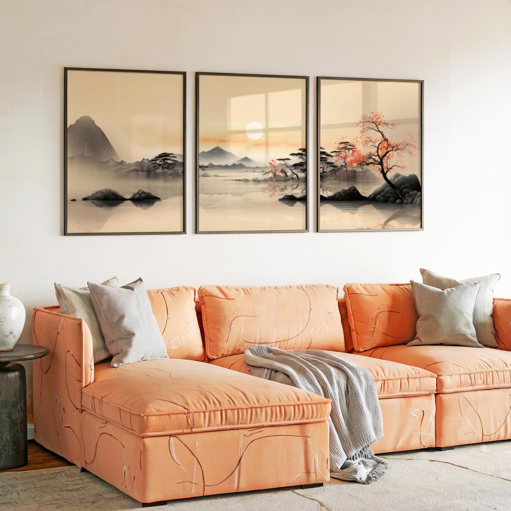 Set of 3 Light & Airy Wall Art, Bright Japandi Landscape Triptych