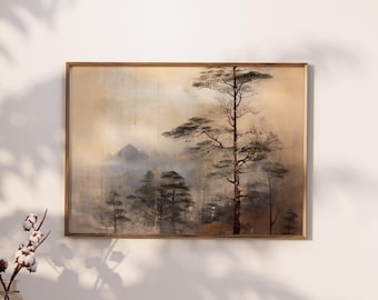 May include: A framed print of a watercolor painting depicting a misty mountain landscape with a tall pine tree in the foreground. The painting is done in shades of brown, gray, and white.