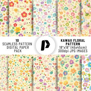 Cute Floral Digital Paper, Kawaii Style Flower Seamless Pattern, Pastel Nature Background, Whimsical Garden Scrapbook, Sweet Craft Prints