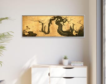 Framed Canvas Japan Art, Panoramic Vintage Art On Framed Canvas, Long Horizontal Wall Art, Floater Canvas Wall Art, Japanese Canvas Art
