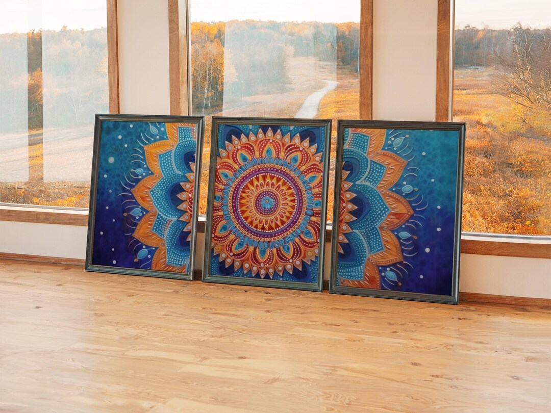 Set of 3 Serene Bedroom Wall Art, Sapphire Blue Mandala Triptych ...