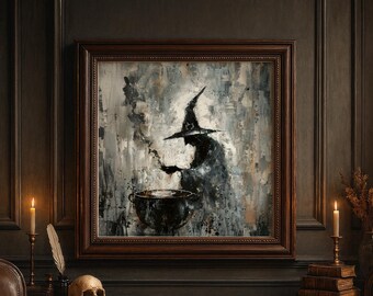 May include: A framed painting depicts a witch stirring a cauldron. The artwork features a dark color palette with a witch wearing a pointed hat. The painting is in a dark wooden frame, with candles and a skull in the foreground.