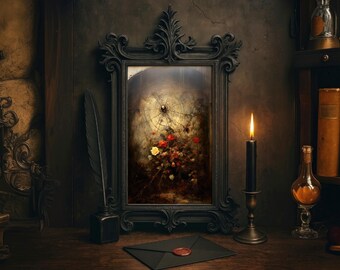 May include: A dark, gothic-themed still life featuring a framed painting with a spiderweb design and flowers. A lit black candle, inkwell with a quill, and a sealed envelope are on a wooden surface. A small bottle and books are in the background.
