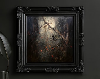 May include: A framed artwork featuring a dark, moody forest scene with a spider web and spiders. The painting has a vintage aesthetic, with a black ornate frame. Red berries dot the branches.