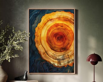 Nordic Tree Ring Abstract Wall Art, Scandinavian Framed Canvas, Burnt Orange & Blue Wood Grain Decor, Organic Modern Nature Painting
