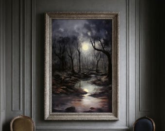 May include: A framed landscape painting depicts a dark, misty forest scene with a full moon. The artwork features a stream reflecting the moonlight, with silhouetted trees and a cloudy sky. The frame is ornate and gold-toned.