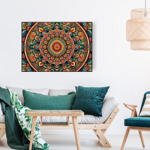 May include: A colorful mandala wall art print with intricate details in shades of orange, yellow, green, and blue. The mandala is surrounded by a black frame.
