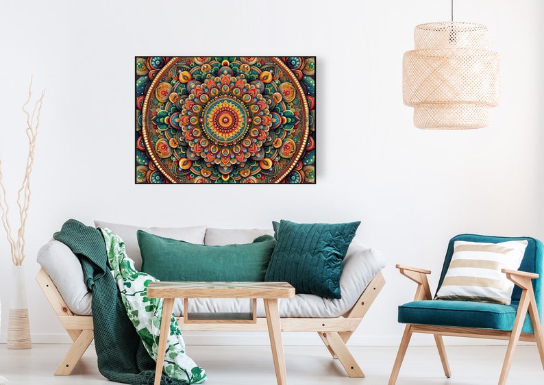 May include: A colorful mandala wall art print with intricate details in shades of orange, yellow, green, and blue. The mandala is surrounded by a black frame.