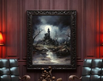 May include: A framed painting depicts a gothic castle under a full moon, with a dark, stormy sky. The artwork is set in a room with dark red paneling, flanked by two black leather chairs and lamps.