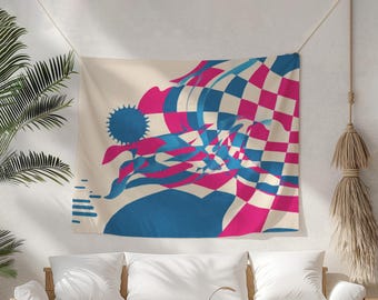 Housewarming Gift Tapestry, Unique Birthday Gift, Gift for Her, Abstract Wall Art, Retro Checker Decor, Playful Dorm Art, Boho Hanging