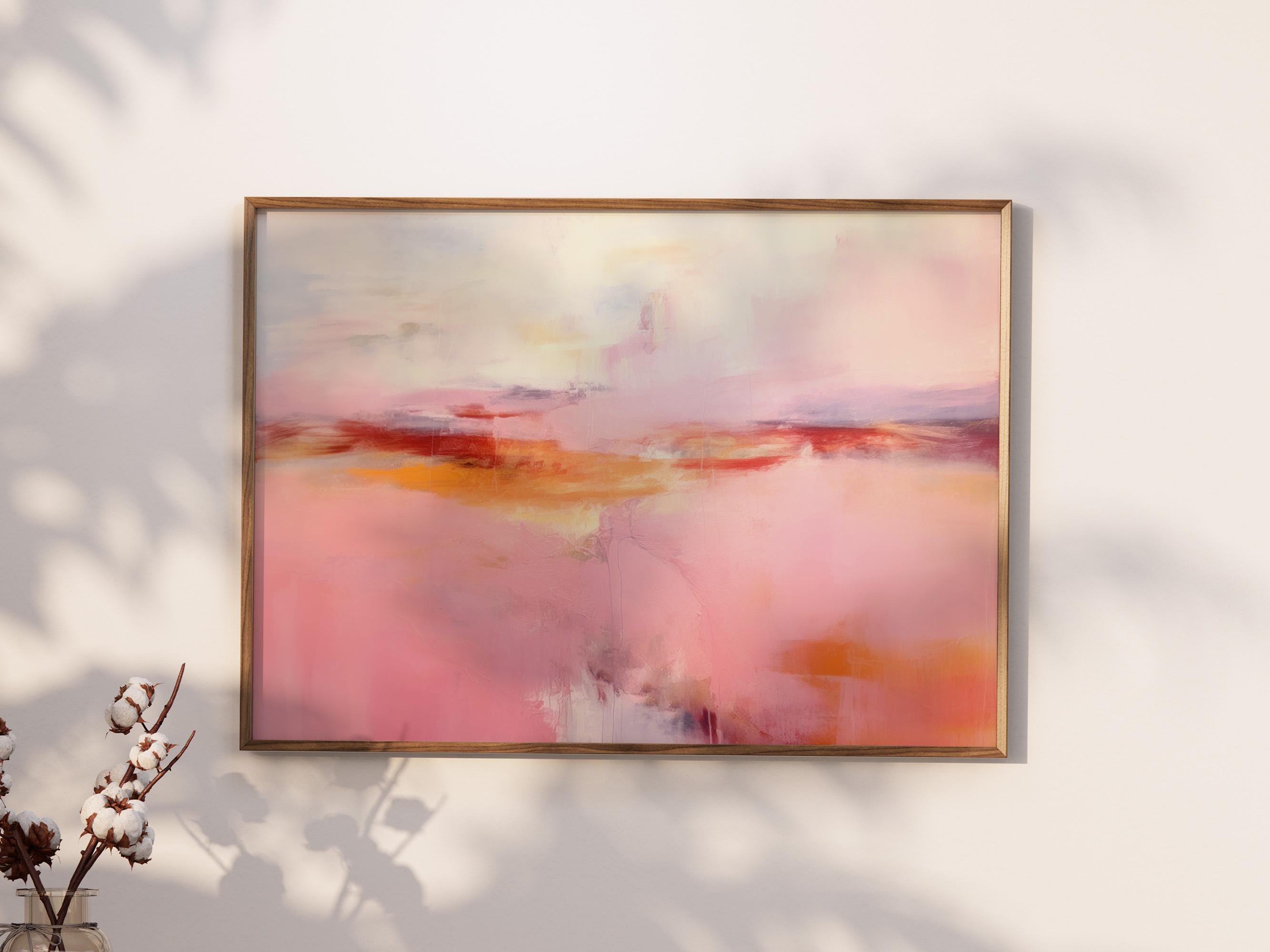 穏やかなパステル調の自然アートプリント、落ち着いた抽象的な風景画の 