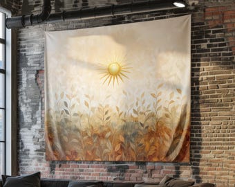 Abstract Floral Tapestry, Minimalist Sunburst Art, Boho Wall Hanging, Earth Tone Bohemian Decor, Sacred Geometry Fabric Art, Room Decor
