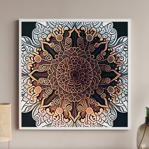 May include: A black and white mandala with intricate details in gold and brown. The mandala is surrounded by a white border and a black background.
