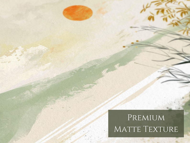 May include: Abstract art print with a green and white mountain range, a large orange sun, and a few brown branches in the upper right corner. The print has a premium matte texture.