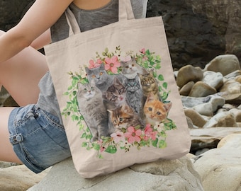 Cats Flowers Canvas Tote Bag, Reader Book Bag