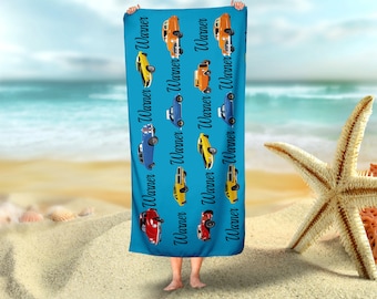 Personalized Kids Car Beach Towel: Custom Name, Soft Cotton Blend