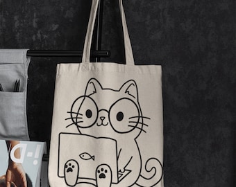 Bolsa de lona con diseño de gato lector: mochila resistente
