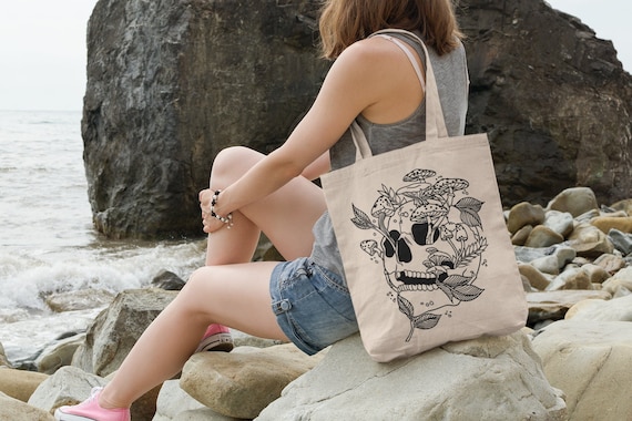 Skeleton Mushroom Canvas Tote Bag: Cottagecore Botanical Bag