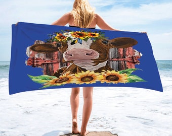 Cow Face beach Towel ,Sunflower Beach Towel,Custom Farmer Break Towel, Pool Towel ,Vacation Towel, Summer Gift Idea, Animal Lovers Gift