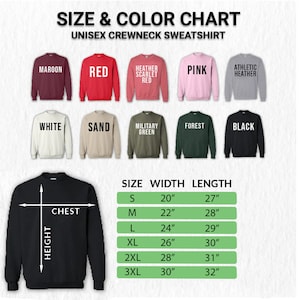 Puede incluir: Tabla de tallas para una sudadera con cuello redondo unisex. La tabla muestra el ancho y la longitud de la sudadera en pulgadas para las tallas S, M, L, XL, 2XL y 3XL. La tabla tambi&eacute;n muestra una variedad de colores disponibles para la sudadera, incluyendo granate, rojo, rojo escarlata jaspeado, rosa, gris jaspeado atl&eacute;tico, blanco, arena, verde militar, bosque y negro.