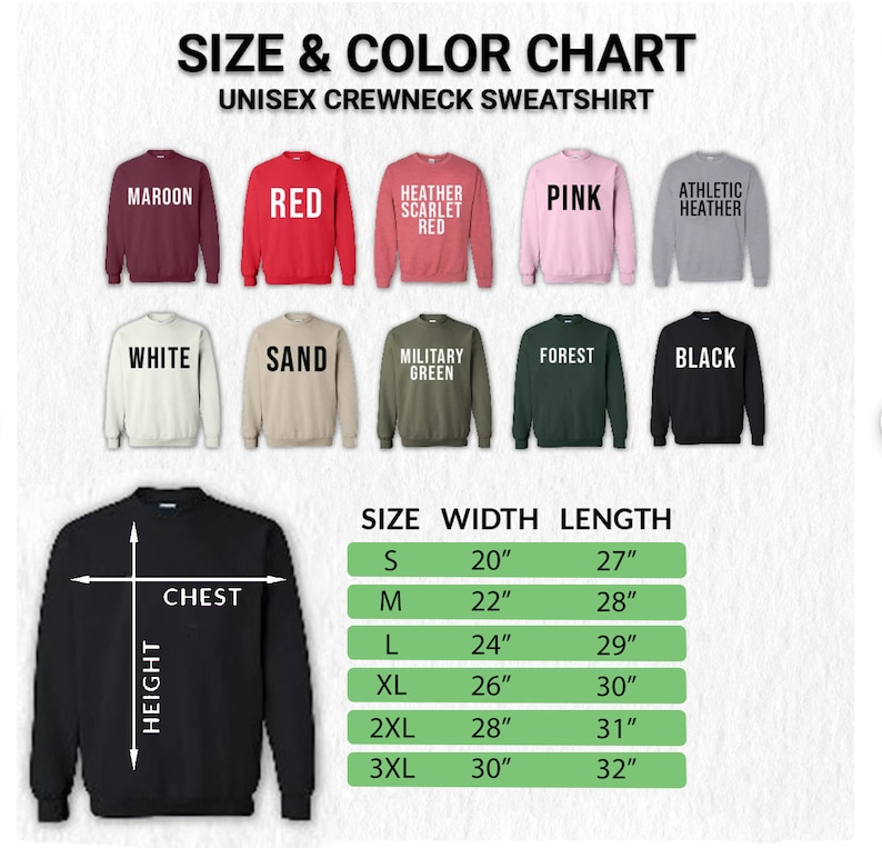 Puede incluir: Tabla de tallas para una sudadera con cuello redondo unisex. La tabla muestra el ancho y la longitud de la sudadera en pulgadas para las tallas S, M, L, XL, 2XL y 3XL. La tabla tambi&eacute;n muestra una variedad de colores disponibles para la sudadera, incluyendo granate, rojo, rojo escarlata jaspeado, rosa, gris jaspeado atl&eacute;tico, blanco, arena, verde militar, bosque y negro.