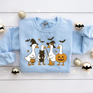 Pu&ograve; includere: Una felpa azzurra con un motivo a tema Halloween. Il design include quattro anatre bianche vestite con cappelli da strega e che tengono in mano una zucca, una scopa e un secchio per dolcetti. &Egrave; presente anche un gatto nero.