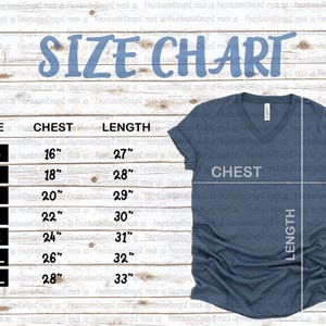May include: A dark blue heathered v-neck t-shirt displayed next to a size chart. The chart lists sizes XS through 3XL with corresponding chest and length measurements in inches, ranging from 16 to 28 inches for chest and 27 to 33 inches for length.