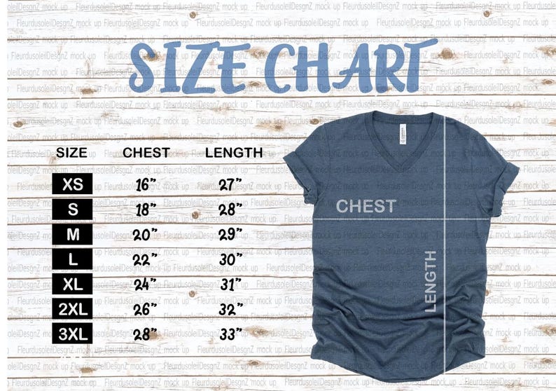 May include: A dark blue heathered v-neck t-shirt displayed next to a size chart. The chart lists sizes XS through 3XL with corresponding chest and length measurements in inches, ranging from 16 to 28 inches for chest and 27 to 33 inches for length.